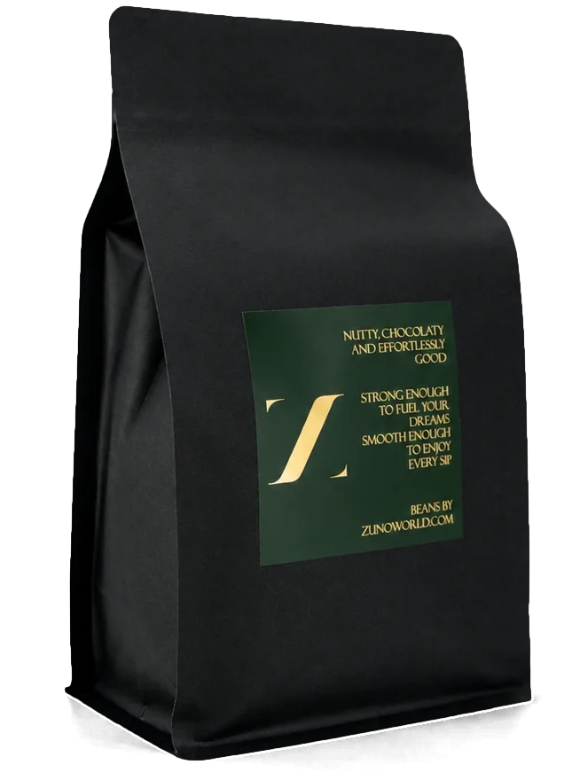 The same bag from the back: a large gold Z and the words nutty, chocolaty and effortlessly good