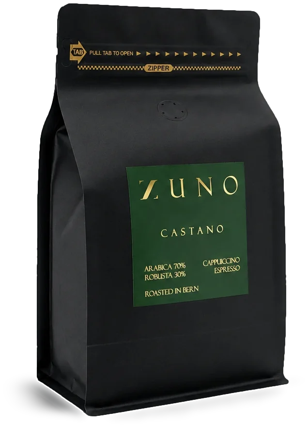 The ZUNO Castano bag, front: the gold ZUNO wordmark and the Castano label on a matt black pouch